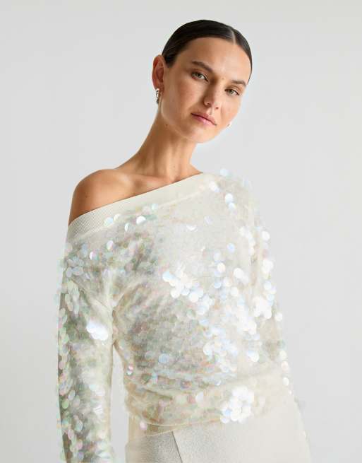 Scalpers big sequins jumper in ecru  