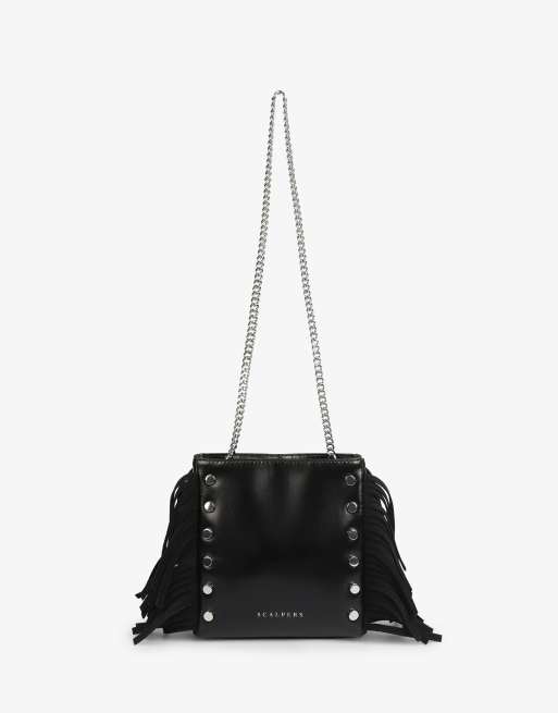 Scalpers - Borsa da spalla nera in pelle con frange