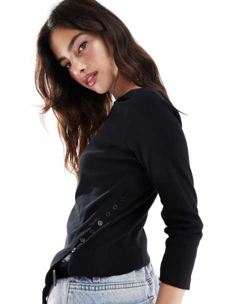 Scalpers Button Detail Ribbed Long Sleeve Tee In Black - view 1