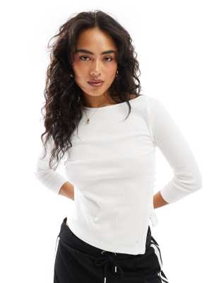 Button Detail Ribbed Long Sleeve Tee In White