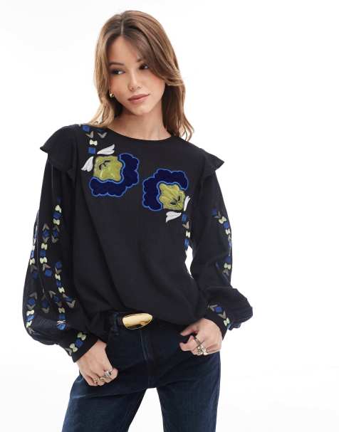 Scalpers - Camicia blu navy con fiori ricamati - view 1