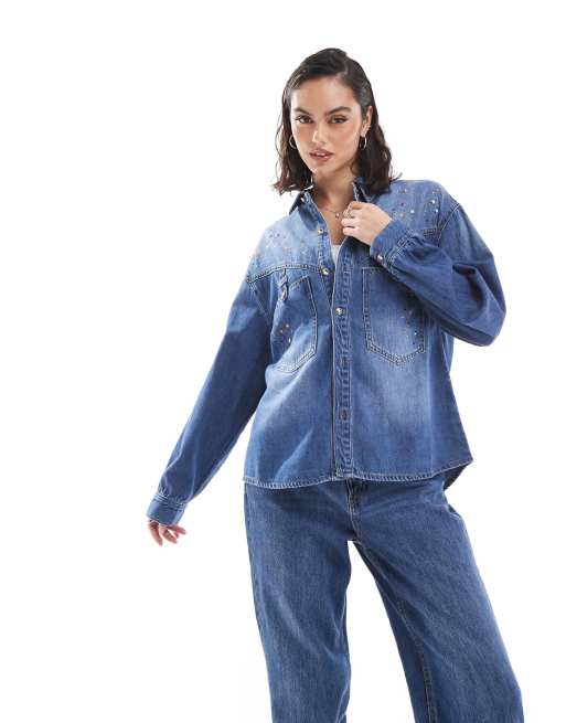 Scalpers - Chemise en jean à strass multicolores - Indigo