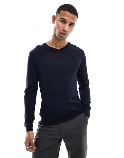 Scalpers classic v-neck tricot jumper in navy - view 1