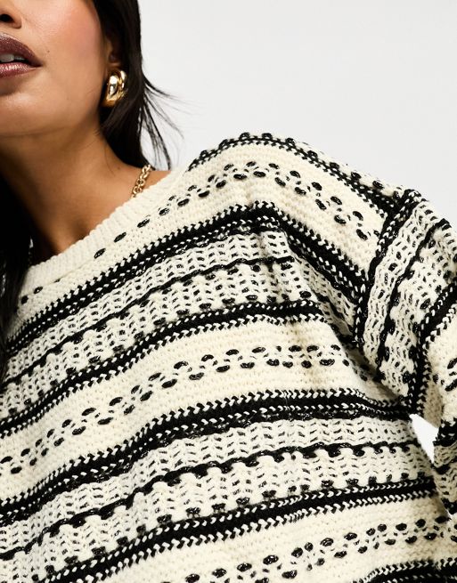 Women's 90s Sweater - Multi Striped Crochet Knit Pullover