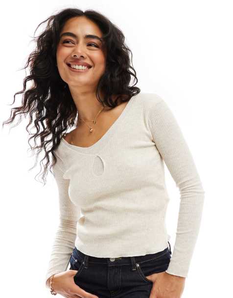 Scalpers double rib long sleeve tee in natural - view 1