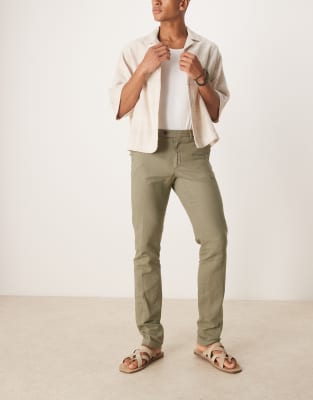 Duomo linen suit pants in khaki-Green