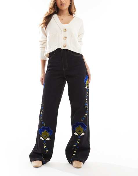Scalpers Flower Emb Denim Pant In Dark Navy - view 1