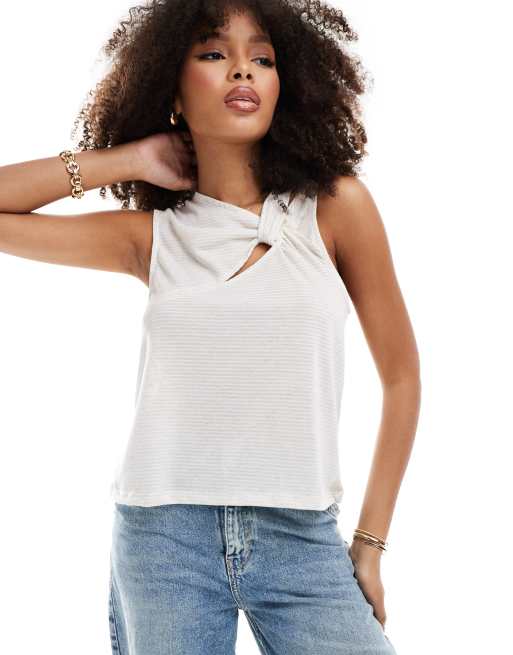 Scalpers  - Gestreept T-shirt met geknoopte schouder in beige