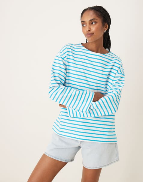 Scalpers - Gestreept T-shirt met label en lange mouwen in turquoise - view 1