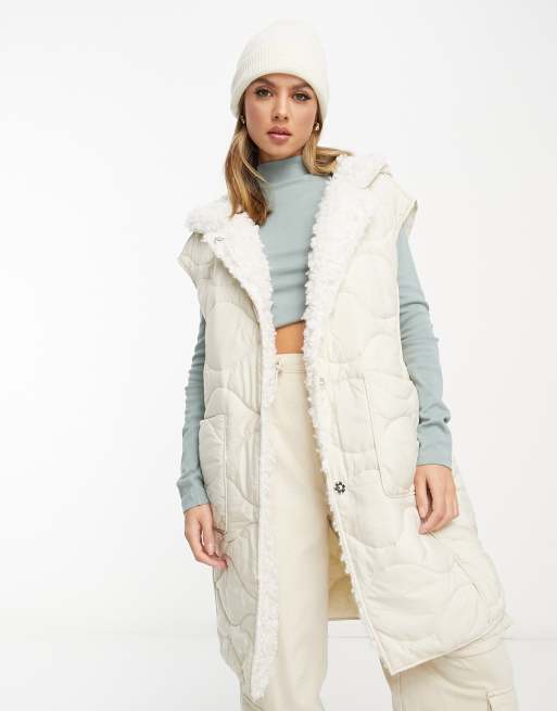 Scalpers - Gilet lungo color écru con fodera in pelliccia sintetica