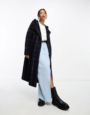 Scalpers hooded longline coat in blue check - ASOS Price Checker