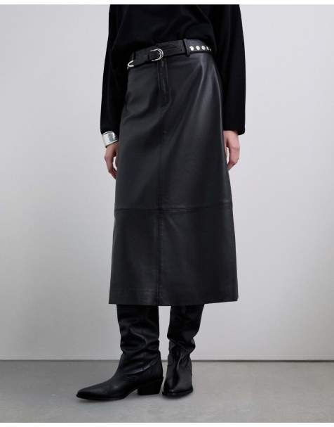 Scalpers - Jupe mi-longue en cuir - Noir - view 1