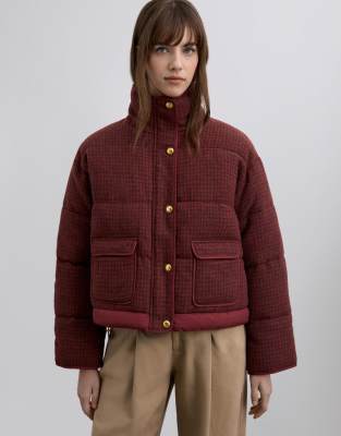 Scalpers - Karierte, kurze Pufferjacke in Terrakotta-Neutral