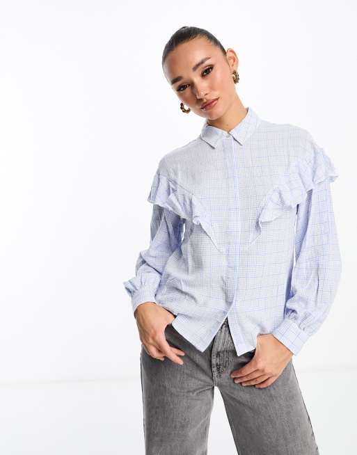 Scalpers – Langärmlige Hemdbluse mit Rüschen und Karomuster in Blau