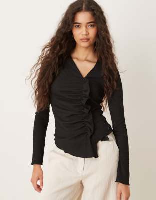 Scalpers - Langärmliges T-Shirt in Schwarz mit Knitterstruktur