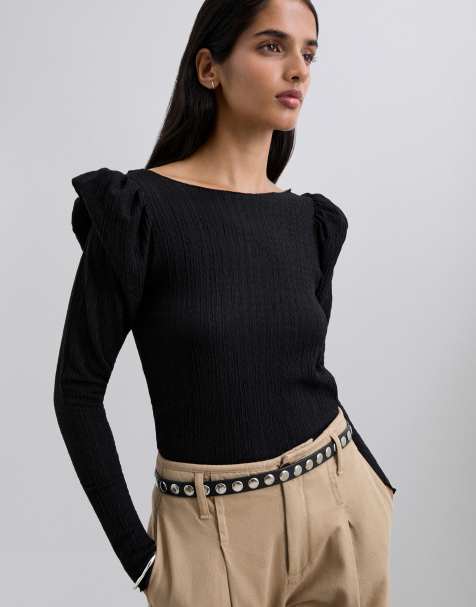 Scalpers – Langarmshirt in Schwarz mit Knitterstruktur und Puffärmeln - view 1