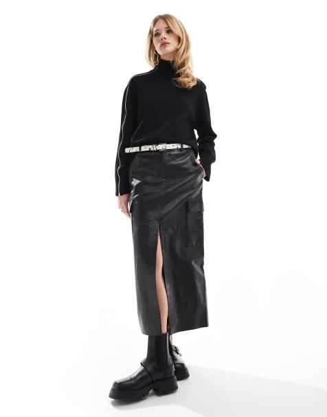Scalpers Leather Cargo Midi Skirt In Black - view 1