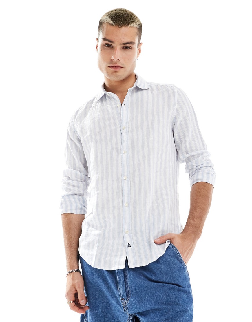 Scalpers linen shirt in blue stripes-Grey