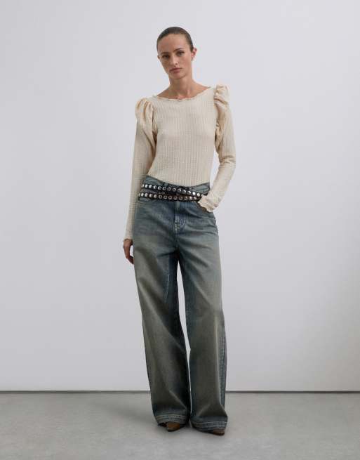 Scalpers - Maglietta stropicciata bianco sporco con dettagli a palloncino