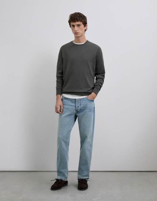 Scalpers - Maglione classico in tricot color kaki con scollo rotondo, 2 di 5