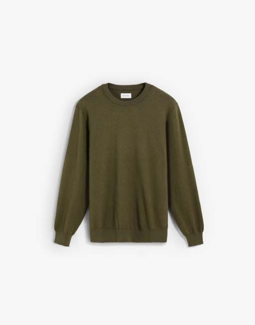 Scalpers - Maglione classico in tricot color kaki con scollo rotondo, 3 di 5