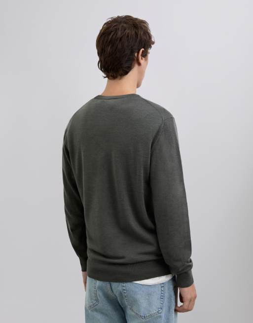 Scalpers - Maglione classico in tricot color kaki con scollo rotondo, 4 di 5