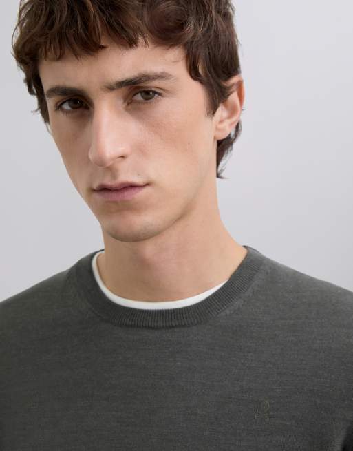 Scalpers - Maglione classico in tricot color kaki con scollo rotondo, 5 di 5