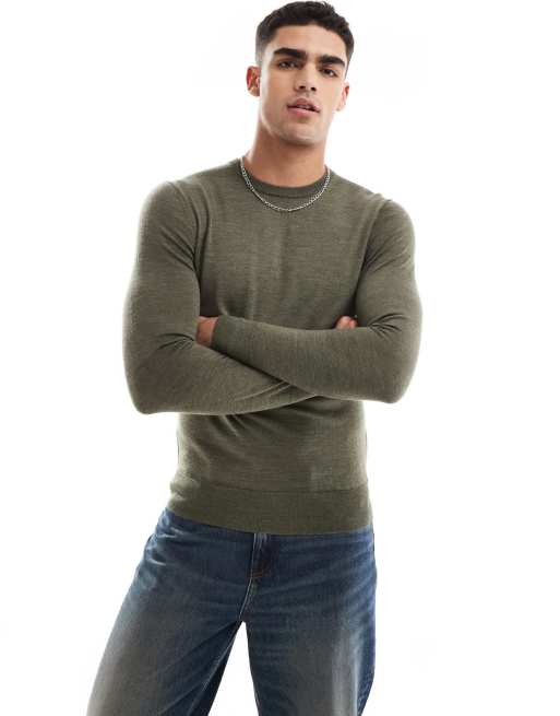 Scalpers - Maglione classico in tricot con scollo rotondo color oliva