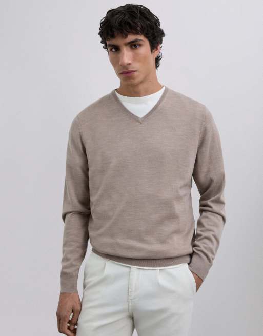 Scalpers - Maglione color tortora classico in tricot con scollo a V