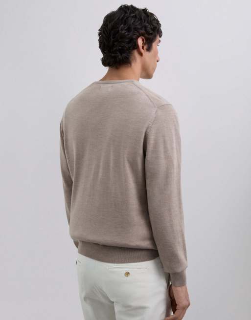Scalpers - Maglione color tortora classico in tricot con scollo a V, 4 di 5