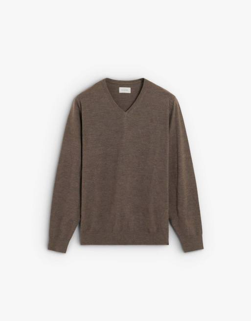 Scalpers - Maglione color tortora classico in tricot con scollo a V, 5 di 5