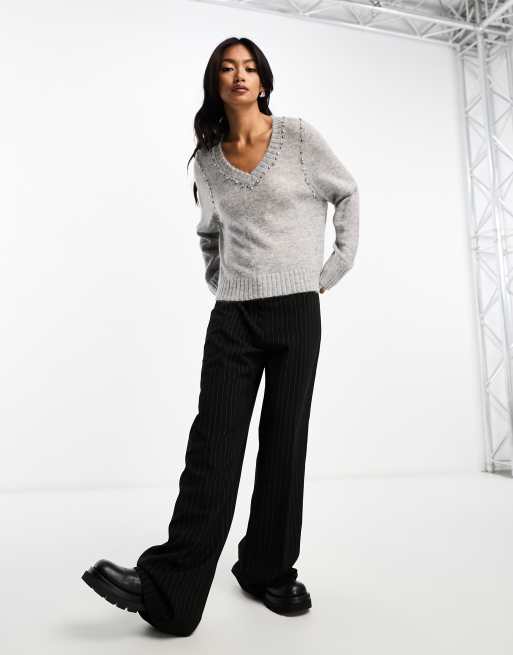 Scalpers - Maglione con scollo a V grigio chiaro