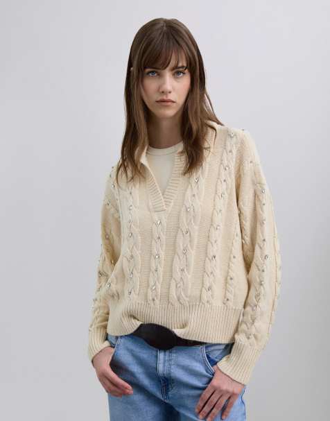 Scalpers - Maglione écru con colletto stile polo e strass - view 1