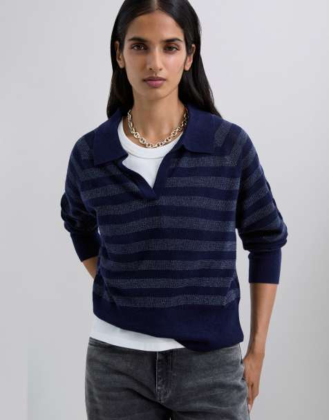 Scalpers - Maglione stile polo in lurex color blu navy a righe - view 1