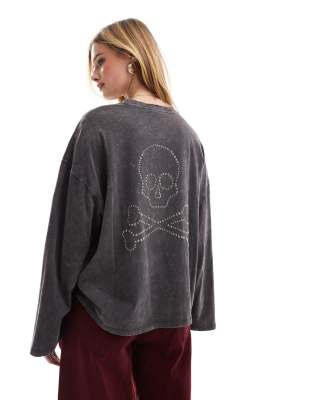 Marble Long Sleeve Skull Tee In Dark Gray