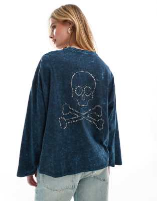 Marble Long Sleeve Skull Tee In Duck-Blue