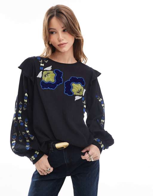 Scalpers - Overhemd met bloemenborduursels in donker marineblauw