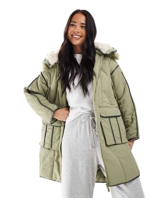 Scalpers Pipping Puffer Coat In Light Khaki  
