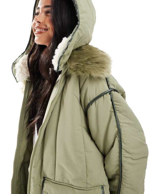 Scalpers Pipping Puffer Coat In Light Khaki  