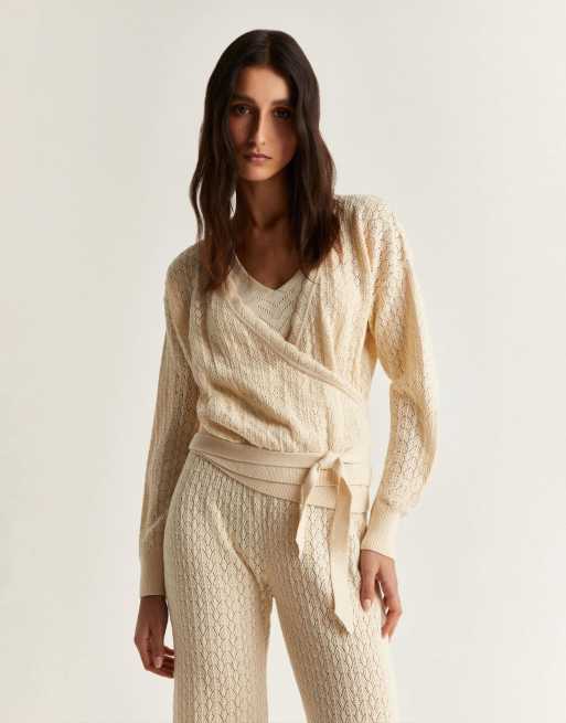 Scalpers – Pointelle-Strickjacke zum Wickeln in Ecru