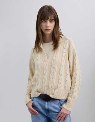 Scalpers - Polo-Pullover in Ecru mit Strassverzierung-Neutral