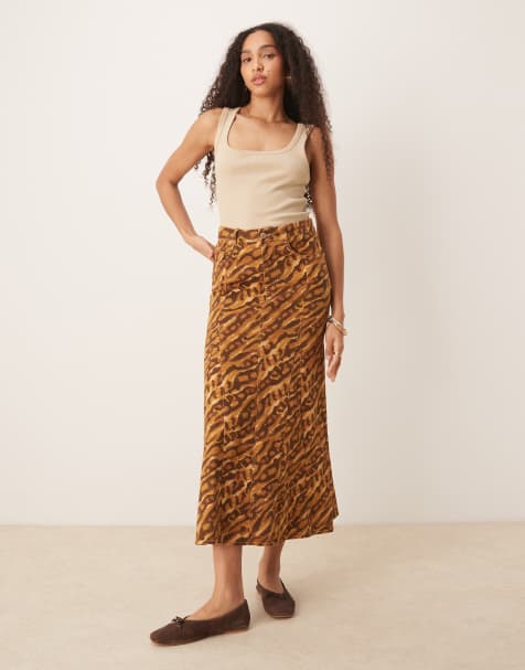 Scalpers Print flare denim skirt in animal print