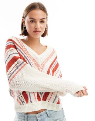 Scalpers - Pull rayé en maille crochetée - Écru-Blanc