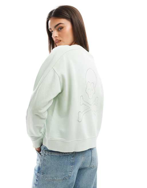 Scalpers – Pullover in Khaki mit Totenkopf-Print auf der Rückseite