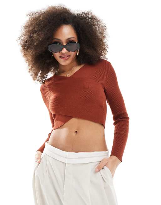 Scalpers rib crop jumper in terracotta