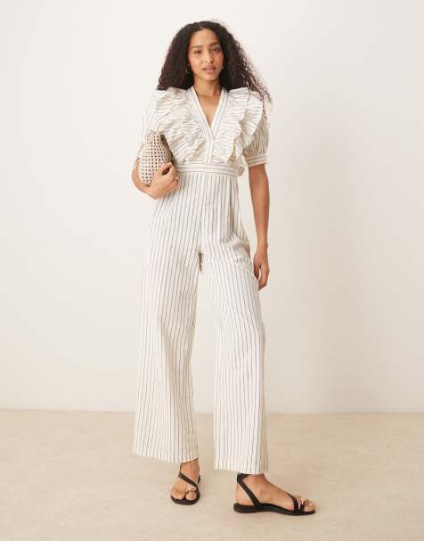 Scalpers Ruffle striped jumpsuit in navy stripes - view 1