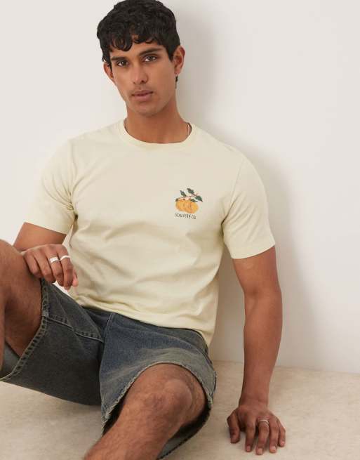 Scalpers – Rustic – T-Shirt in hellem Melonengelb mit Kreuzstich