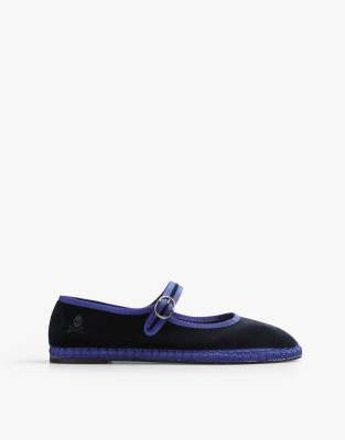 Scalpers - Samt-Ballerinas in Marineblau mit Riemchen