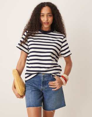 Scalpers - Schweres, einfarbiges T-Shirt mit marineblauen Streifen-Bunt