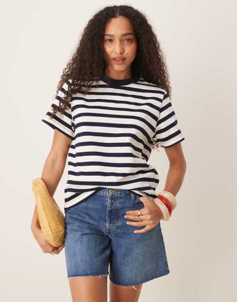 Scalpers – Schweres, einfarbiges T-Shirt mit marineblauen Streifen - view 1